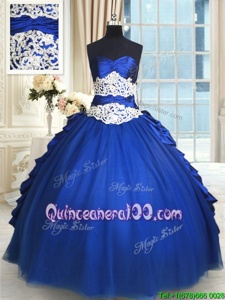 Suitable Sweetheart Sleeveless Sweet 16 Quinceanera Dress Floor Length Beading and Lace and Appliques and Ruffles and Pick Ups Royal Blue Organza and Taffeta and Tulle