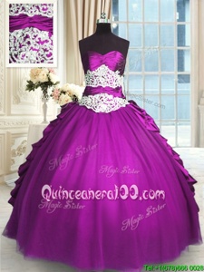 Eggplant Purple Sleeveless Beading and Lace and Ruching and Pick Ups Floor Length Quinceanera Dresses
