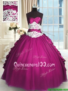 Hot Selling Fuchsia Sweetheart Neckline Beading and Lace and Ruching and Pick Ups 15th Birthday Dress Sleeveless Lace Up