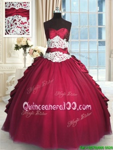 Ideal Red Quinceanera Dresses Military Ball and Sweet 16 and Quinceanera and For withBeading and Lace and Ruching and Pick Ups Sweetheart Long Sleeves Zipper