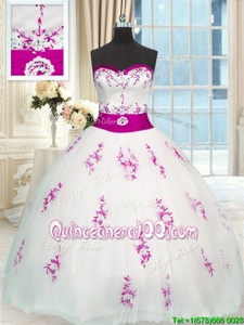 Enchanting White Sleeveless Appliques and Belt Floor Length Quinceanera Gown