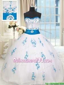 Dazzling White Tulle Lace Up Quinceanera Dress Sleeveless Floor Length Embroidery and Belt