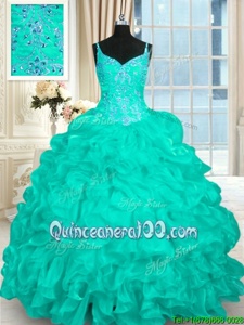 Glittering Turquoise Lace Up Sweet 16 Quinceanera Dress Beading and Ruffles Sleeveless Brush Train