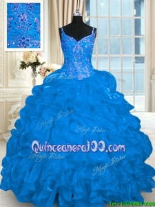 Delicate Pick Ups Spaghetti Straps Sleeveless Brush Train Lace Up Quinceanera Gown Blue Organza