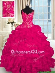 Inexpensive Sleeveless Organza Brush Train Lace Up Vestidos de Quinceanera inHot Pink forSpring and Summer and Fall and Winter withBeading and Embroidery and Ruffles