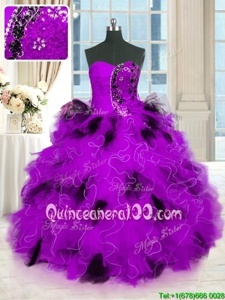 Cute Floor Length Purple 15 Quinceanera Dress Tulle Sleeveless Spring and Summer and Fall and Winter Beading and Ruffles