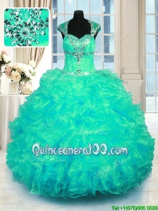 Customized Floor Length Turquoise Quinceanera Dress Straps Cap Sleeves Lace Up