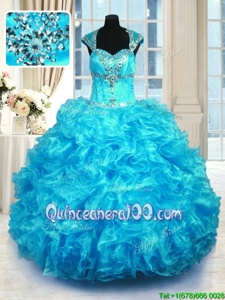 Luxury Organza Straps Cap Sleeves Lace Up Beading and Ruffles Quince Ball Gowns inAqua Blue