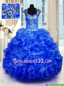 Glorious Royal Blue Cap Sleeves Organza Lace Up Quinceanera Gown forMilitary Ball and Sweet 16 and Quinceanera