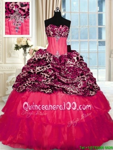 Flare Red Lace Up Strapless Beading and Ruffled Layers Quinceanera Gowns Organza and Printed Sleeveless Sweep Train