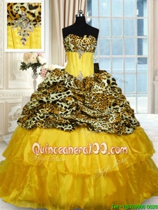 Customized Printed Lace Up Quinceanera Gown Gold and In forMilitary Ball and Sweet 16 and Quinceanera withBeading and Ruffled Layers Sweep Train
