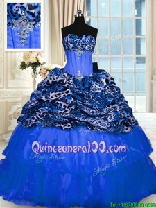 Excellent Blue Ball Gowns Organza and Printed Strapless Sleeveless Beading and Sequins Floor Length Lace Up Sweet 16 Dresses