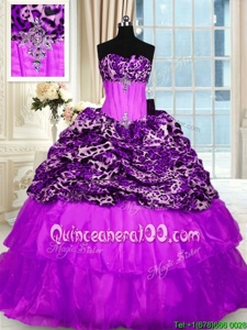 Exquisite Printed Purple Vestidos de Quinceanera Military Ball and Sweet 16 and Quinceanera and For withBeading and Ruffled Layers Strapless Sleeveless Sweep Train Lace Up