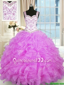 Gorgeous Beading and Ruffles Vestidos de Quinceanera Lilac Lace Up Sleeveless Floor Length