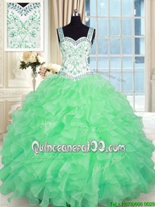 Floor Length Spring Green Sweet 16 Dress Organza Sleeveless Spring and Summer and Fall and Winter Beading and Appliques and Ruffles