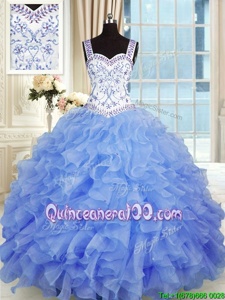 Discount Blue Organza Lace Up Sweetheart Sleeveless Floor Length Sweet 16 Dress Beading and Appliques and Ruffles