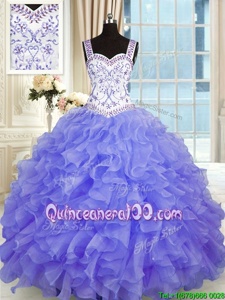 Fancy Beading and Appliques and Ruffles Quinceanera Gowns Purple Lace Up Sleeveless Floor Length