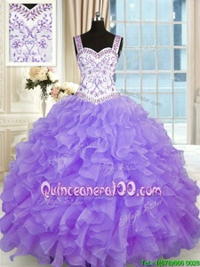 Attractive Lavender Organza Lace Up Quinceanera Gowns Sleeveless Floor Length Beading and Appliques and Ruffles