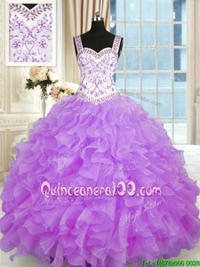 Cute Lilac Ball Gowns Organza Sweetheart Sleeveless Beading and Appliques and Ruffles Floor Length Lace Up Ball Gown Prom Dress