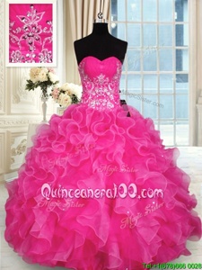 Hot Selling Hot Pink Sleeveless Beading and Appliques and Ruffles Floor Length 15th Birthday Dress