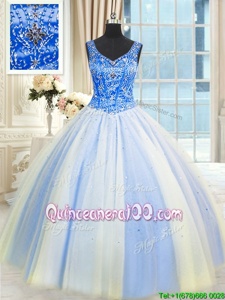 Smart Tulle V-neck Sleeveless Lace Up Beading and Sequins 15 Quinceanera Dress inMulti-color