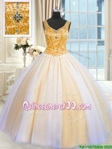 Fantastic V-neck Sleeveless Tulle Quinceanera Gowns Beading and Sequins Lace Up