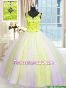 Inexpensive Sleeveless Lace Up Floor Length Beading and Sequins 15th Birthday Dress