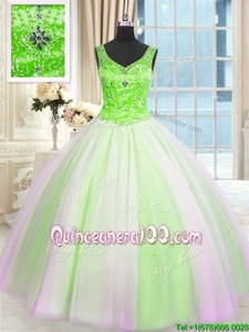 Glorious Sequins V-neck Sleeveless Lace Up 15 Quinceanera Dress Multi-color Tulle