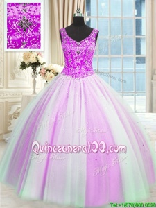 Fine Multi-color Tulle Lace Up Quinceanera Gowns Sleeveless Floor Length Beading and Sequins