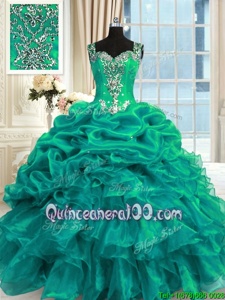 Pretty Turquoise Organza Lace Up Quinceanera Dress Sleeveless Floor Length Beading and Ruffles and Pick Ups