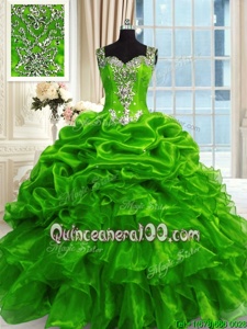New Style Green Ball Gowns Beading and Ruffles and Pick Ups Quinceanera Dresses Lace Up Organza Sleeveless Floor Length
