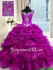 Comfortable Fuchsia Organza Lace Up Straps Sleeveless Floor Length Quinceanera Gown Beading and Ruffles and Pick Ups