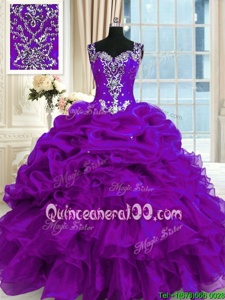 Custom Made Straps Sleeveless Sweet 16 Quinceanera Dress Floor Length Beading and Ruffles and Pick Ups Purple Organza
