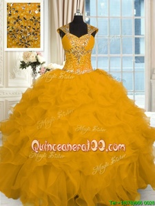 Best Floor Length Lace Up 15 Quinceanera Dress Gold and In forMilitary Ball and Sweet 16 and Quinceanera withBeading and Ruffles