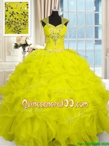 Sweet Ball Gowns Quinceanera Dresses Yellow Straps Organza Cap Sleeves Floor Length Lace Up
