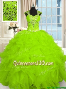 Wonderful Straps Cap Sleeves Organza Quinceanera Gown Beading and Ruffles Lace Up