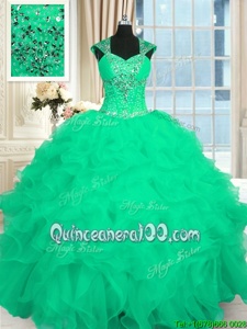 Top Selling Turquoise Straps Neckline Beading and Ruffles and Pattern Quince Ball Gowns Cap Sleeves Lace Up