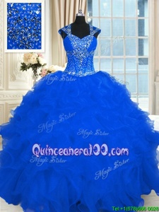 Hot Sale Royal Blue Quinceanera Dresses Military Ball and Sweet 16 and Quinceanera and For withBeading and Ruffles Straps Cap Sleeves Lace Up