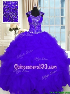 Best Floor Length Ball Gowns Cap Sleeves Purple Quinceanera Gowns Lace Up