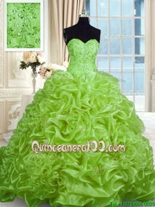 Sumptuous Spring Green Ball Gowns Sweetheart Sleeveless Organza With Train Sweep Train Lace Up Beading and Pick Ups 15 Quinceanera Dress