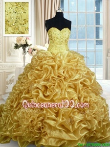 Exquisite Pick Ups Sweetheart Sleeveless Sweep Train Lace Up Quinceanera Gown Gold Organza