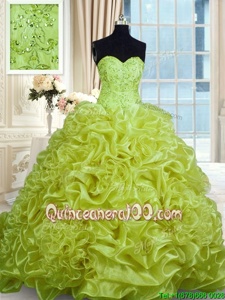 Luxurious Yellow Green Quinceanera Gown Military Ball and Sweet 16 and Quinceanera and For withBeading and Pick Ups Sweetheart Sleeveless Sweep Train Lace Up