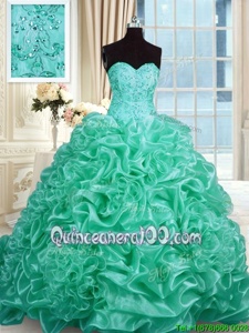Spectacular Turquoise Sleeveless With Train Beading and Pick Ups Lace Up Quinceanera Dresses
