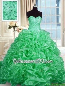 Most Popular Sweetheart Sleeveless Sweep Train Lace Up Sweet 16 Dresses Apple Green Organza