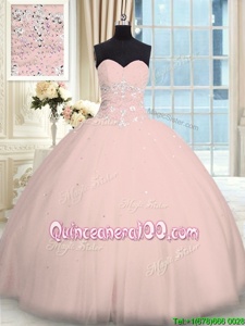 Fitting Pink Ball Gowns Tulle Sweetheart Sleeveless Beading Floor Length Lace Up Quince Ball Gowns