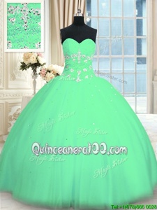 Extravagant Sleeveless Tulle Floor Length Lace Up 15 Quinceanera Dress inTurquoise forSpring and Summer and Fall and Winter withAppliques
