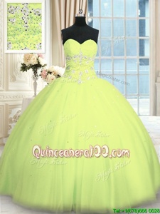 Sleeveless Floor Length Appliques Lace Up Quinceanera Dress with Yellow Green