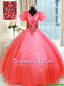 Captivating Short Sleeves Floor Length Appliques Lace Up Quinceanera Gown with Coral Red