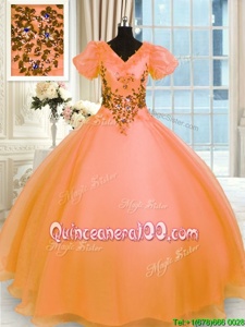 Fashionable Appliques 15 Quinceanera Dress Orange Lace Up Short Sleeves Floor Length