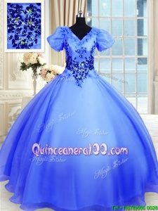 Admirable Spring and Summer and Fall and Winter Organza Short Sleeves Floor Length Quinceanera Dresses andAppliques